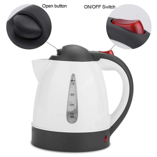 Electric kettle with close-up details of open button and ON/OFF switch on a white background