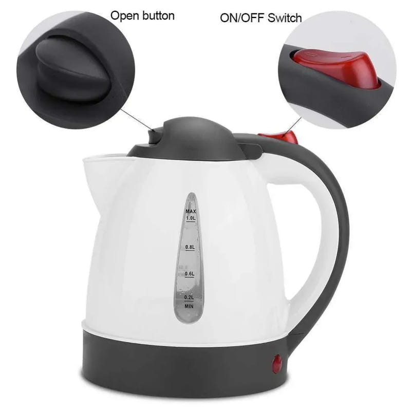 White electric car kettle with black handle lid and ON/OFF switch, water level window