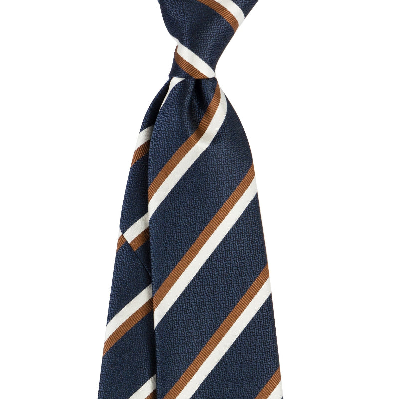 Navy blue tie with white and brown stripes on a white background