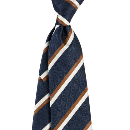Navy blue tie with white and brown stripes on a white background