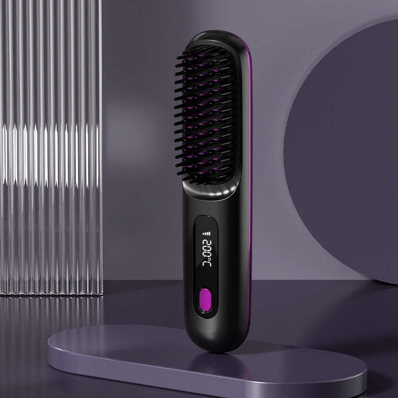 Hair straightening brush with digital display on a dark background