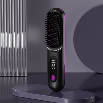 Hair straightening brush with digital display on a dark background
