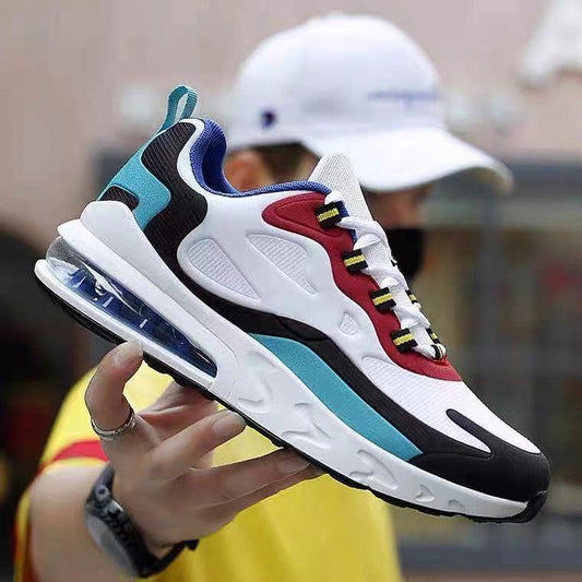 Air cushion casual men's shoes in white with blue trim and red details, lace-up air sole