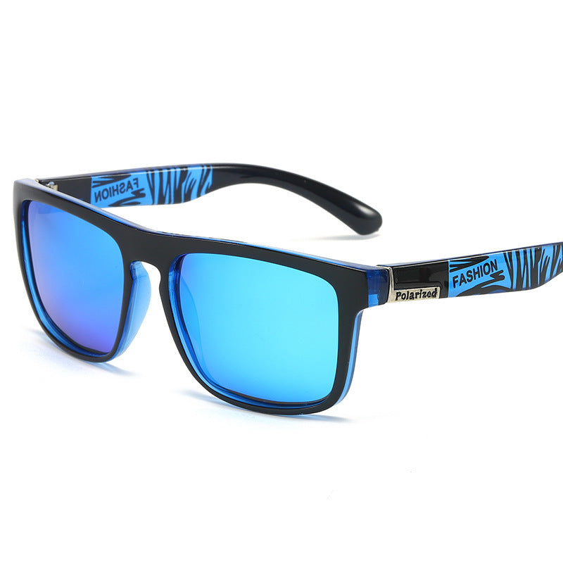Sunglasses with blue lenses and black frame on a white background