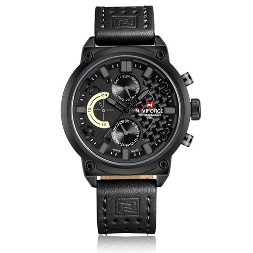 Black wristwatch with detailed face on a white background