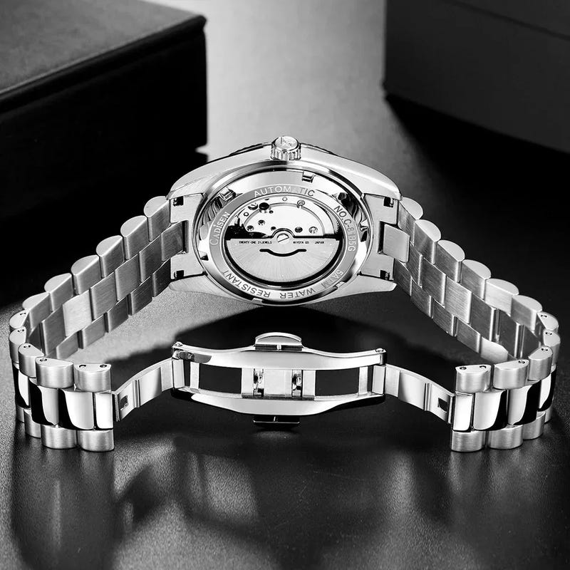 Men’s automatic mechanical watch caseback on stainless steel bracelet with folding clasp