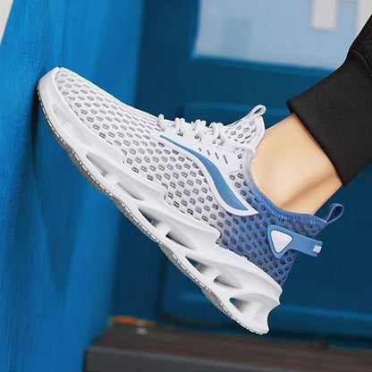 White and blue sneaker on a blurred background