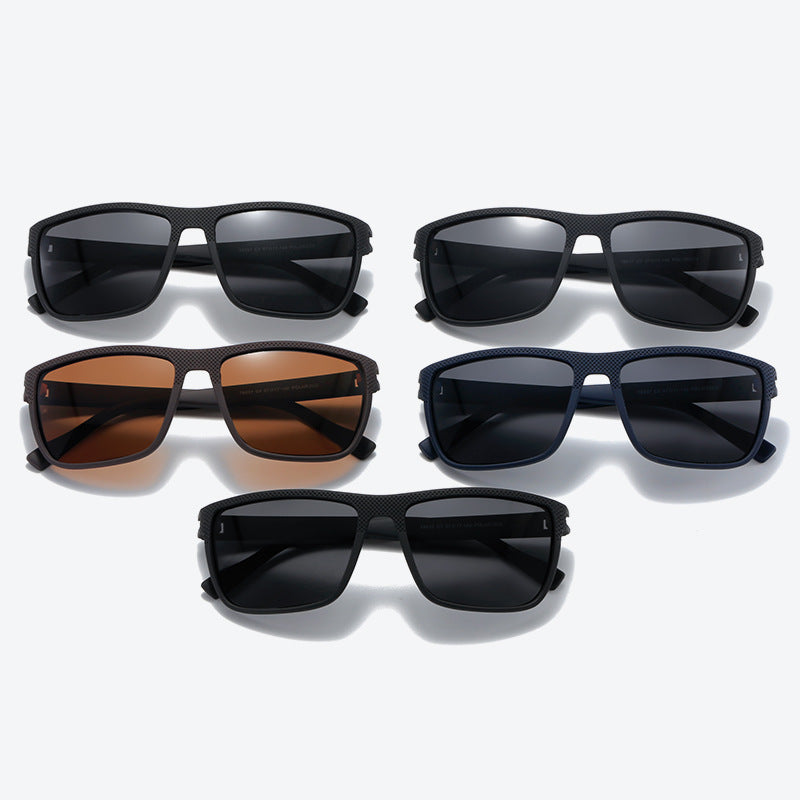 Five pairs of sunglasses with different lens colors on a white background