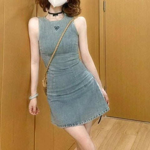 Retro Embroidered Denim Dress – Women’s