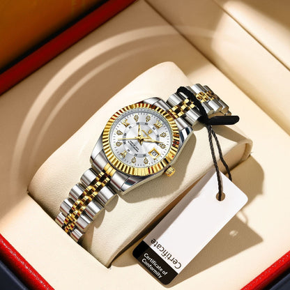 Luxury watch with gold and silver band in a box, featuring a Certificat de Calithéritage label.