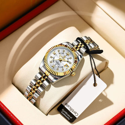 Women's quartz wristwatch with white dial and two-tone stainless bracelet