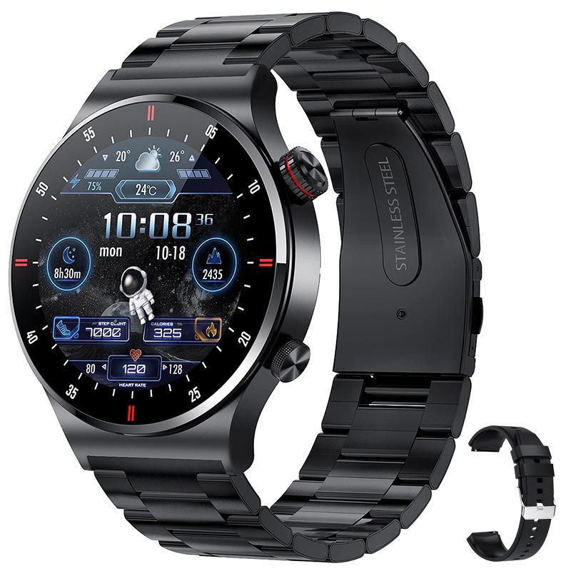 Bluetooth calling smartwatch with black case and black strap, round black display with UI icons
