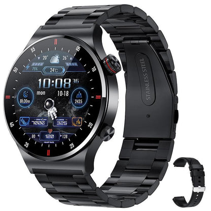 Bluetooth calling smartwatch with black case and black strap, round black display with UI icons