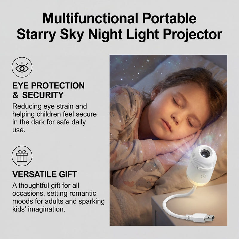 Portable starry sky night light projector with USB cable for bedside use
