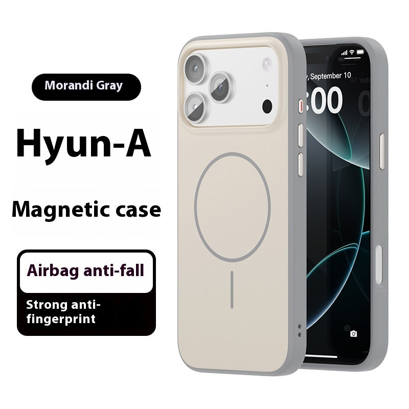 Morandi gray magnetic phone case with circular grip and camera cutouts
