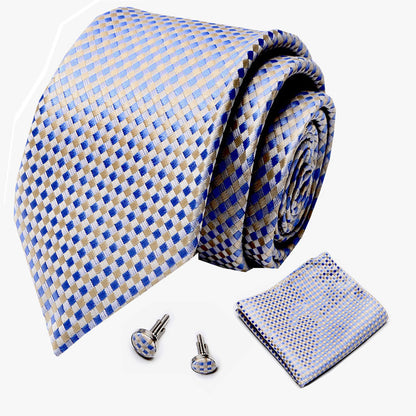 Blue and beige checkered tie with matching pocket square and cufflinks on a white background