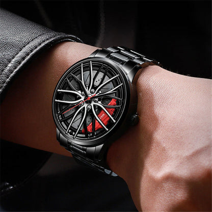 Wristwatch with a unique design on a person's wrist against a dark background