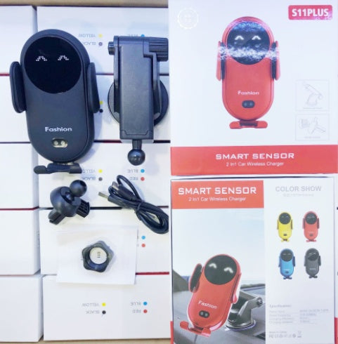 Car wireless phone charger set with black and red holders and included accessories