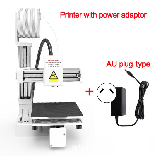 3D printer with power adapter on a white background