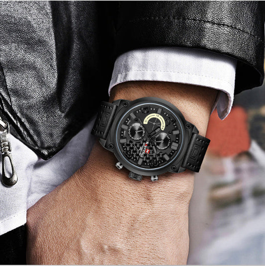 48mm multi-function quartz watch on wrist, black dial and black leather strap