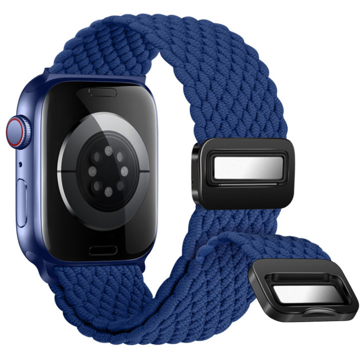 Blue braided watch strap with black metal clasp on a white background