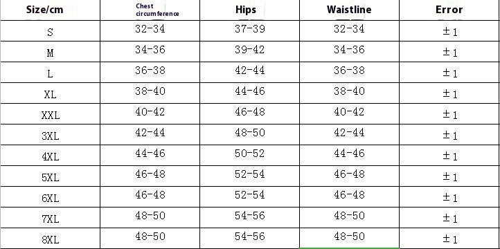 Table displaying size chart for clothing with measurements in centimeters.