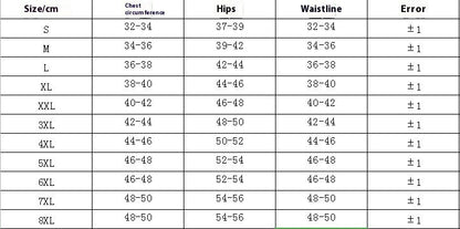 Table displaying size chart for clothing with measurements in centimeters.