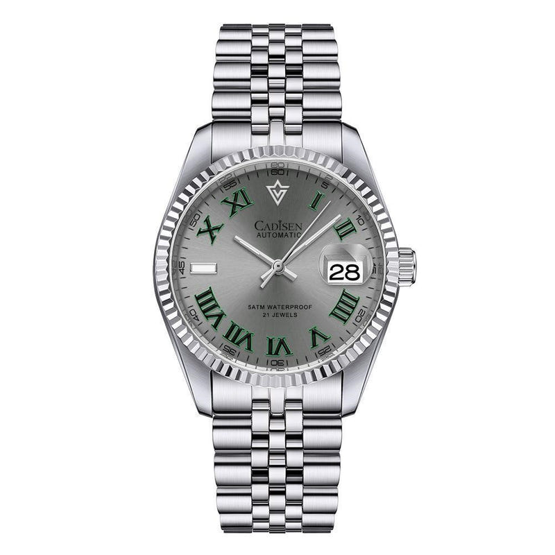 Men's automatic mechanical watch with silver bracelet and green dial with date window at 28