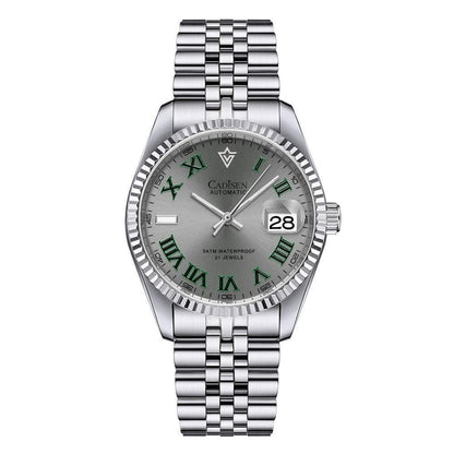Men's automatic mechanical watch with silver bracelet and green dial with date window at 28