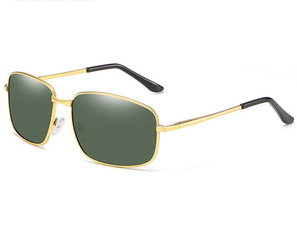 Gold-framed sunglasses with green lenses on a white background