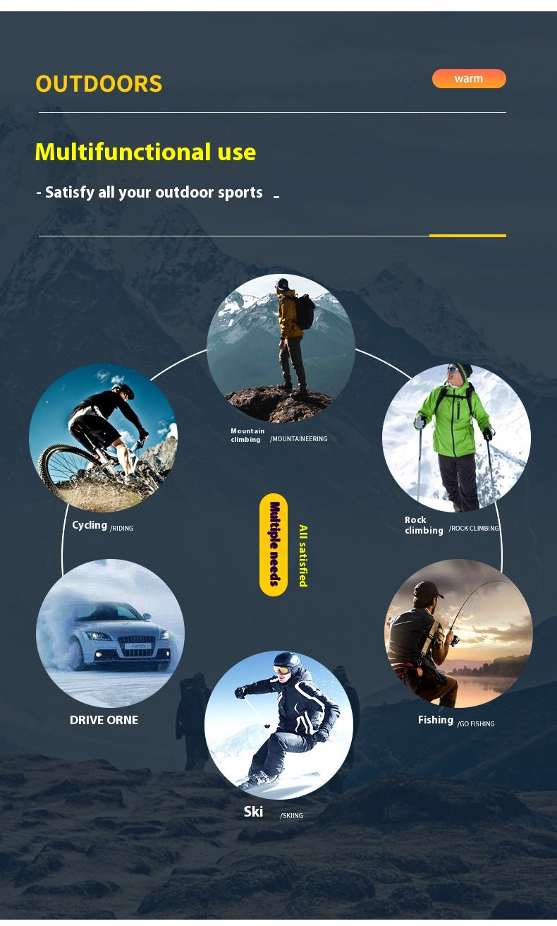 Multifunctional outdoor gear advertisement with various activities on a dark background