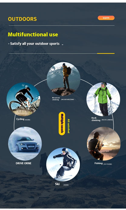 Multifunctional outdoor gear advertisement with various activities on a dark background