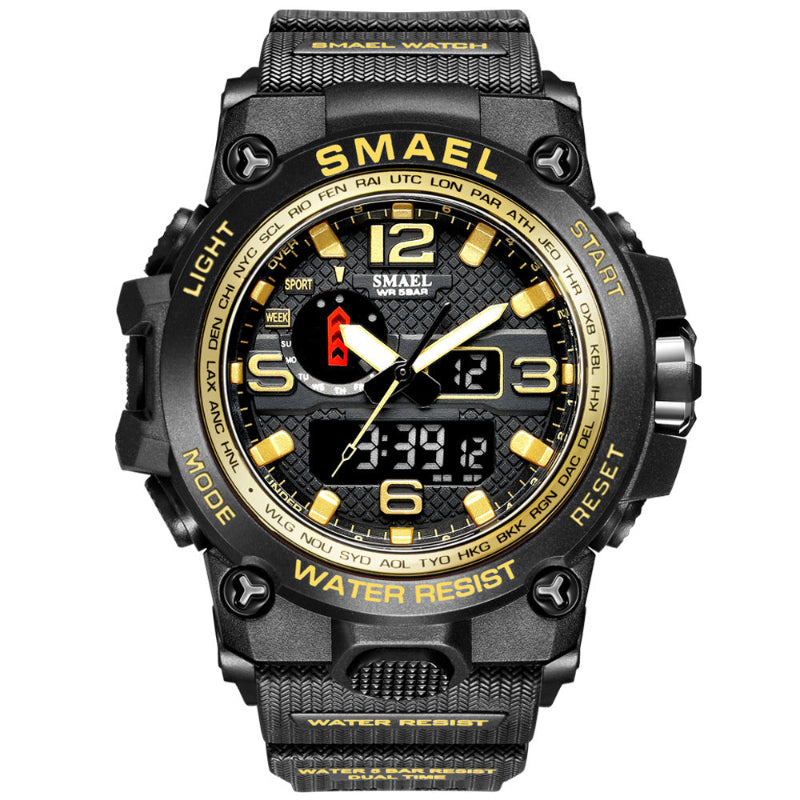 Black and gold SMAEL watch with digital and analog display on a white background