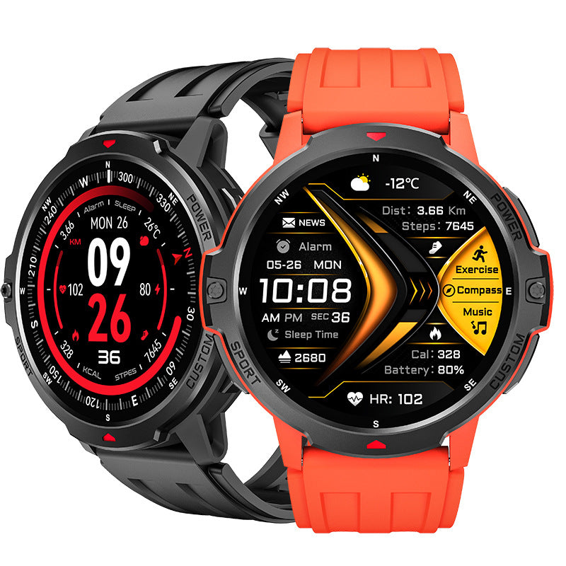 Two smartwatches, one with a black strap and one with an orange strap, on a white background.