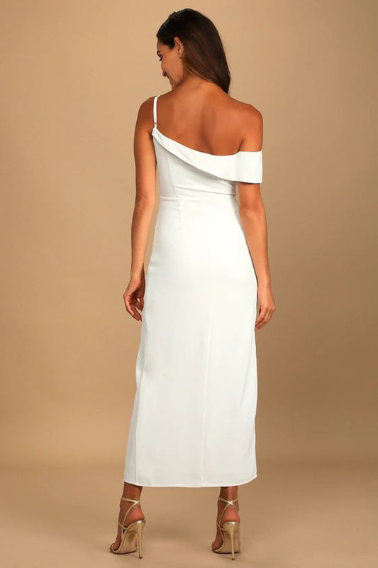 Woman wearing a white one-shoulder dress against a beige background
