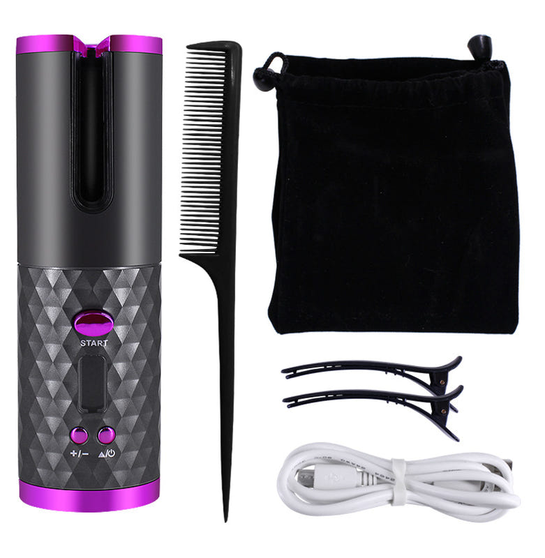 Black and pink automatic hair curler set with comb, clips, storage pouch, and cable