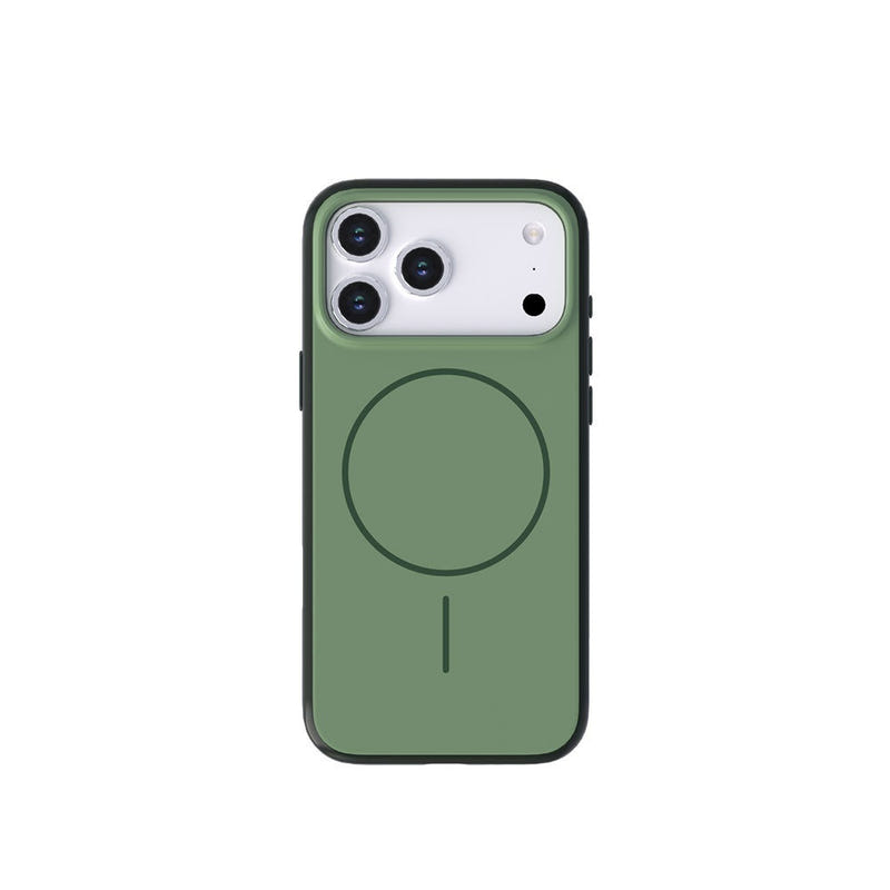 Green magnetic silicone iPhone case, back view with camera cutouts and ring