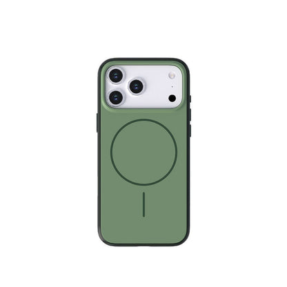 Green magnetic silicone iPhone case, back view with camera cutouts and ring