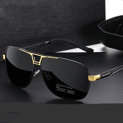 Black sunglasses with gold frames on a dark surface, text indicating high-definition polarized quality.