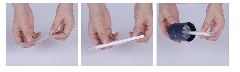 Three-step process of using a pen with a cap, showing the cap being removed and then reattached.
