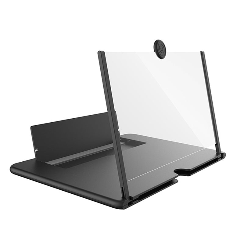 Black 3D mobile screen magnifier stand with clear viewing panel and phone holder