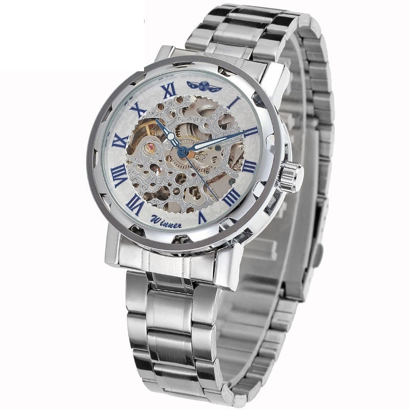 Silver wristwatch with a transparent face on a white background