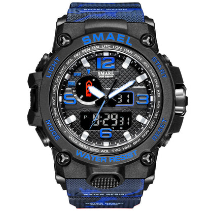 Smael watch with blue strap and black dial on a white background