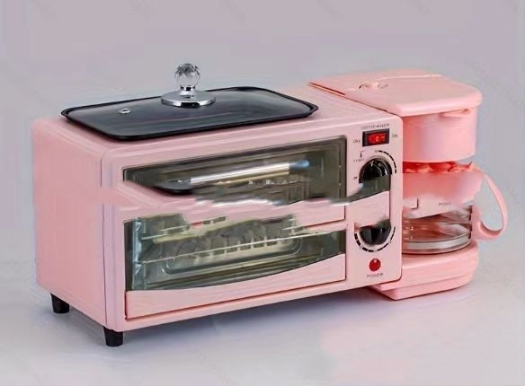 Pink toaster oven with glass door on a light gray background