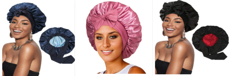Set of satin bonnet caps in navy, pink, and black with gathered round ribbon tops