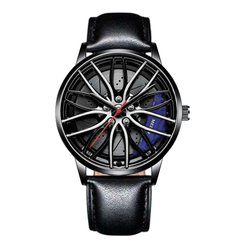 Wristwatch with a unique design resembling a car wheel on a white background