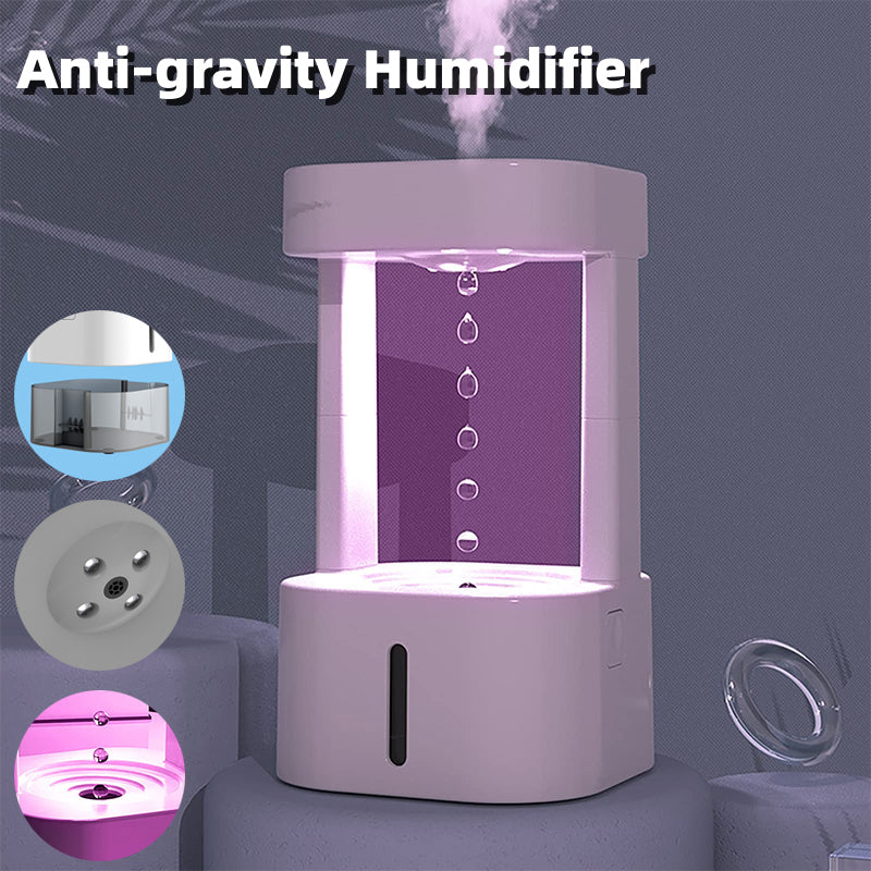 Anti-gravity humidifier with mist release and additional features displayed on a dark background