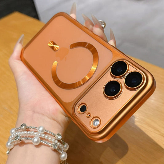 Orange protective phone cover with circular grip ring and cutout camera lenses