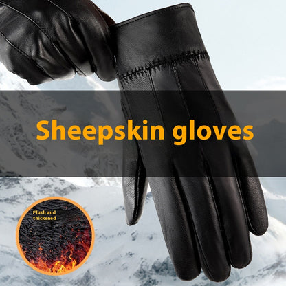 Sheepskin gloves with a close-up of texture and mountainous background