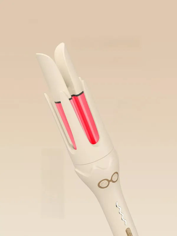Beige automatic ceramic curling iron showing red heating rollers inside